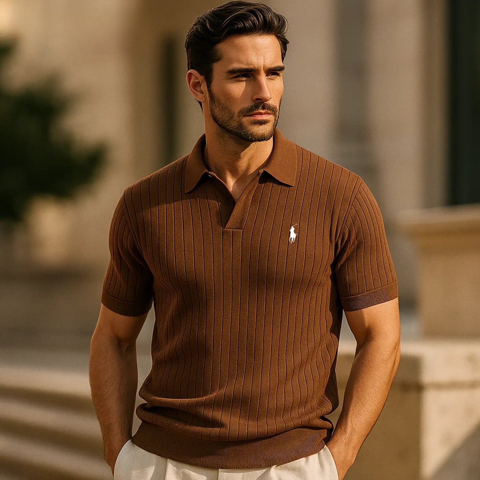 V-Neck Striped Polo